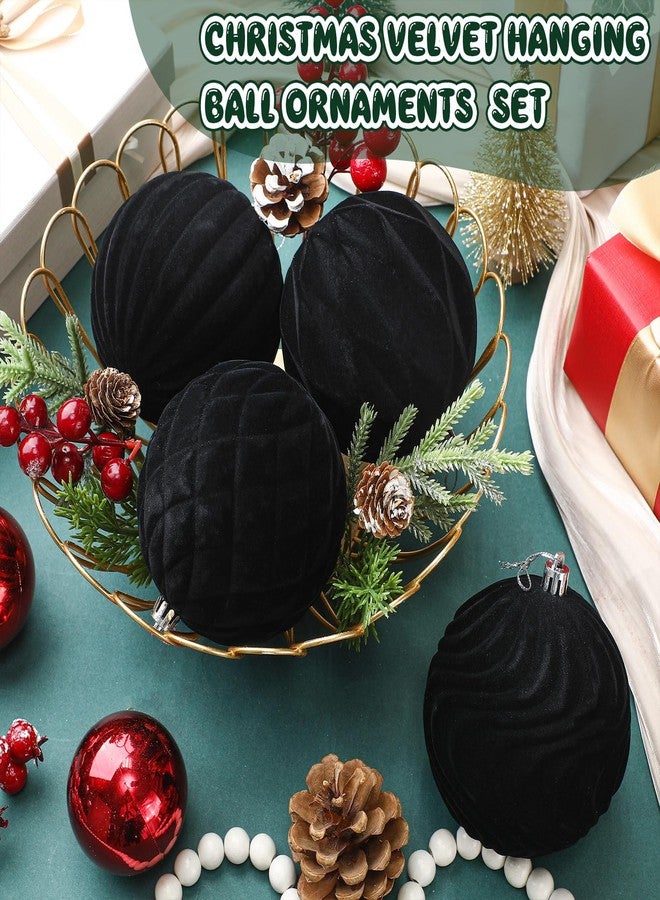 Blueweenly 4 Pcs 4 Inch Black Large Velvet Christmas Ball Ornaments Vintage Christmas Plastic Ball Ornaments Flocked Tree Hanging Decoration for Xmas Party Wedding Home Decor - Image 3